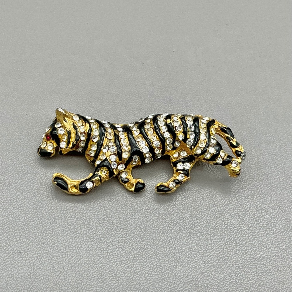 Bijoux Cascio Brooch Women Gold Black Rhinestone Prowling Tiger Vintage Jewelry